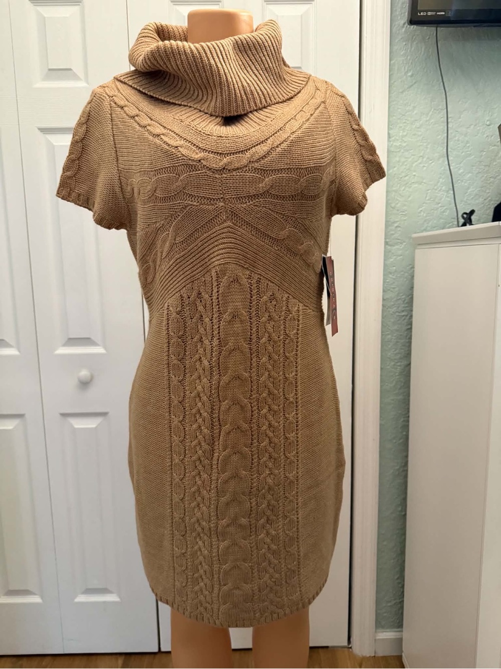 R&K Originals Petite Cable Knit Cowl Neck Sweater Dress PL NWT